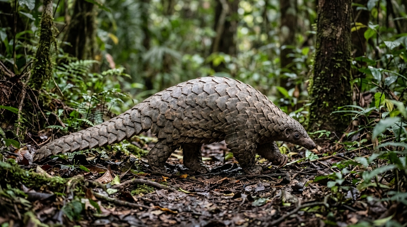 Pangolín enroscado en una esfera perfecta mostrando sus escamas romboidales protectoras de queratina pura.