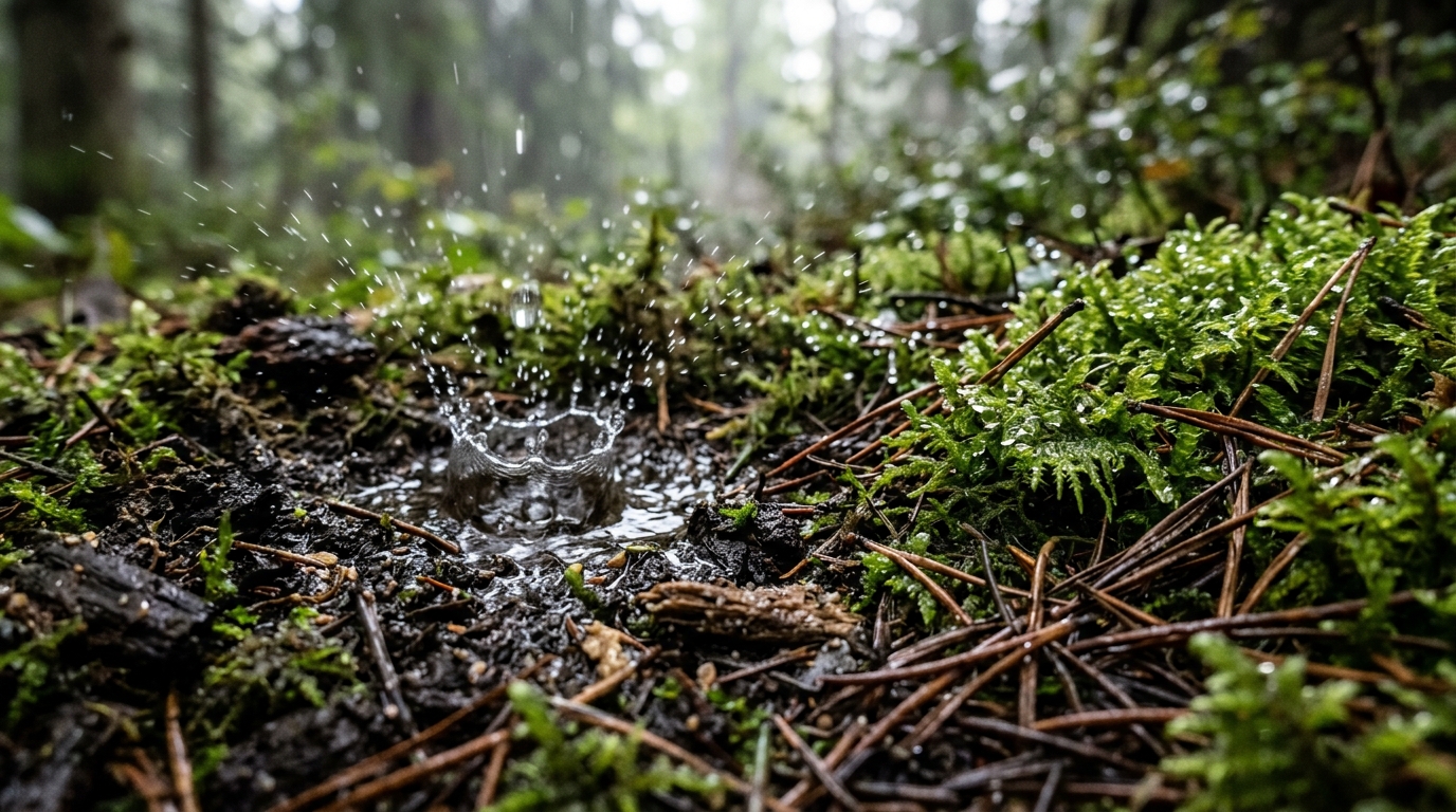 Gota de lluvia impactando contra la tierra húmeda liberando microaerosoles iluminados por un rayo de sol suave.