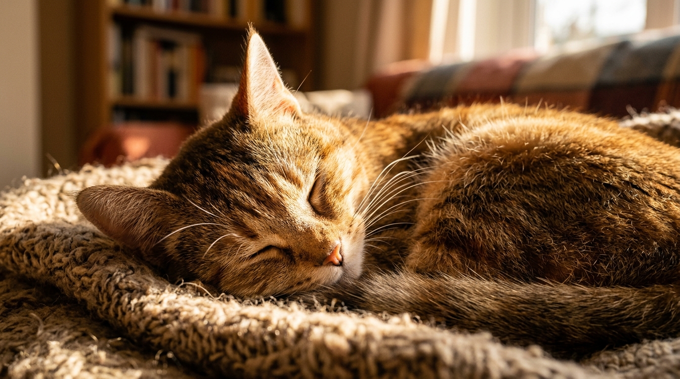 Gato doméstico descansando plácidamente mientras emite vibraciones corporales representadas como suaves ondas sinusoidales.